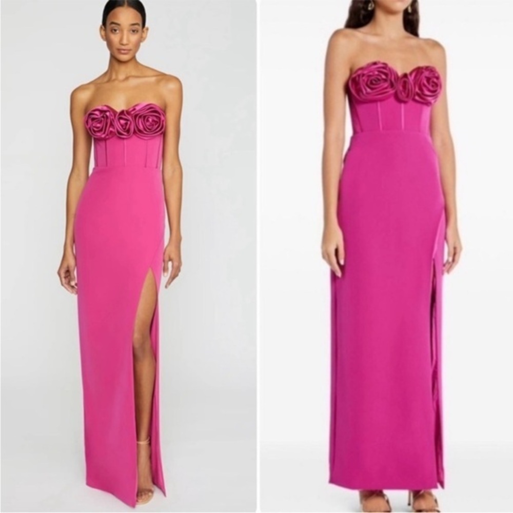 Monique Lhuillier Dress Stella Rosette 3D Flower Maxi Strapless in Pink